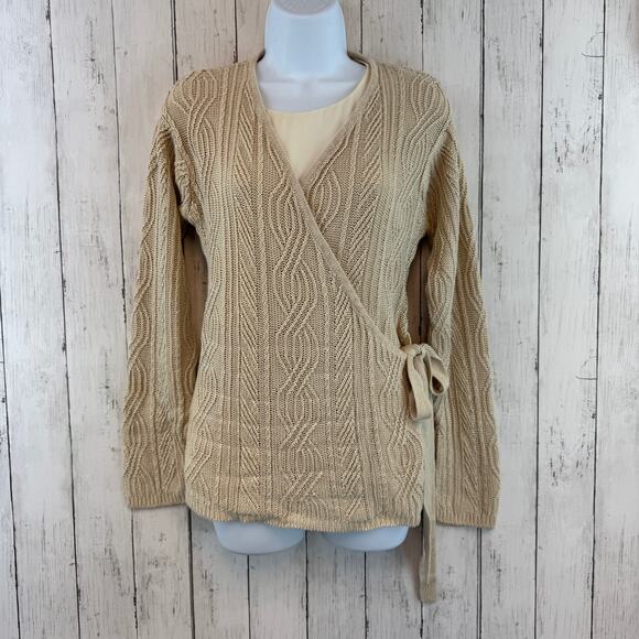 VTG Emanuel Ungaro Cream Linen Chunky Cable Knit V-Neck Wrap Sweater Size Large - Picture 1 of 16